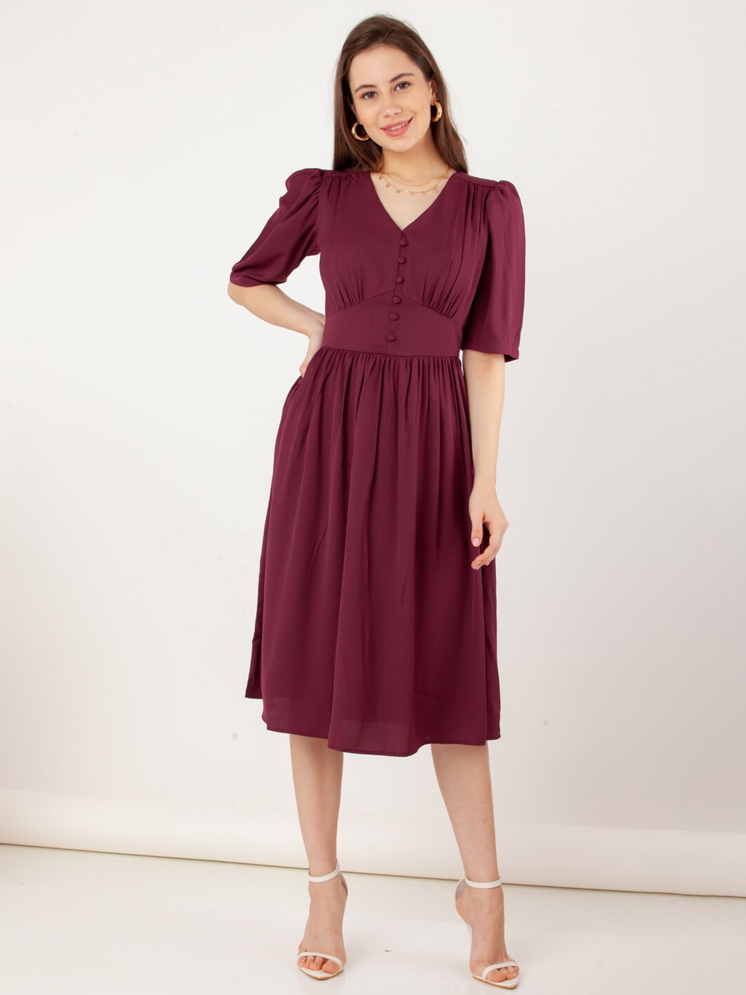 

Zink London Maroon V-neck Puff Sleeve Fit & Flare Midi Dress