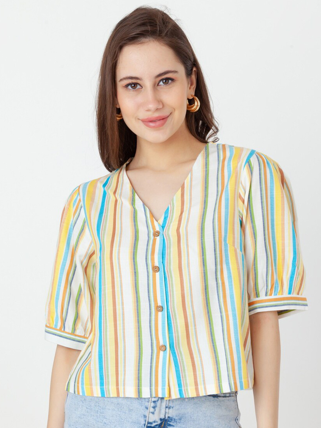 

Zink London Striped V-Neck Pure Cotton Top, White