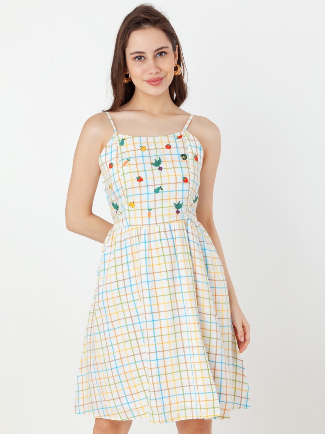 

Zink London Checked Shoulder Straps Pure Cotton A-Line Dress, White