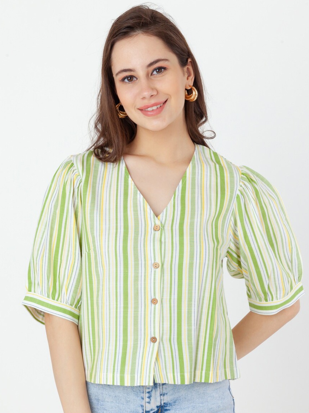 Zink London Striped Puff Sleeves Pure Cotton Shirt Style Top, Green