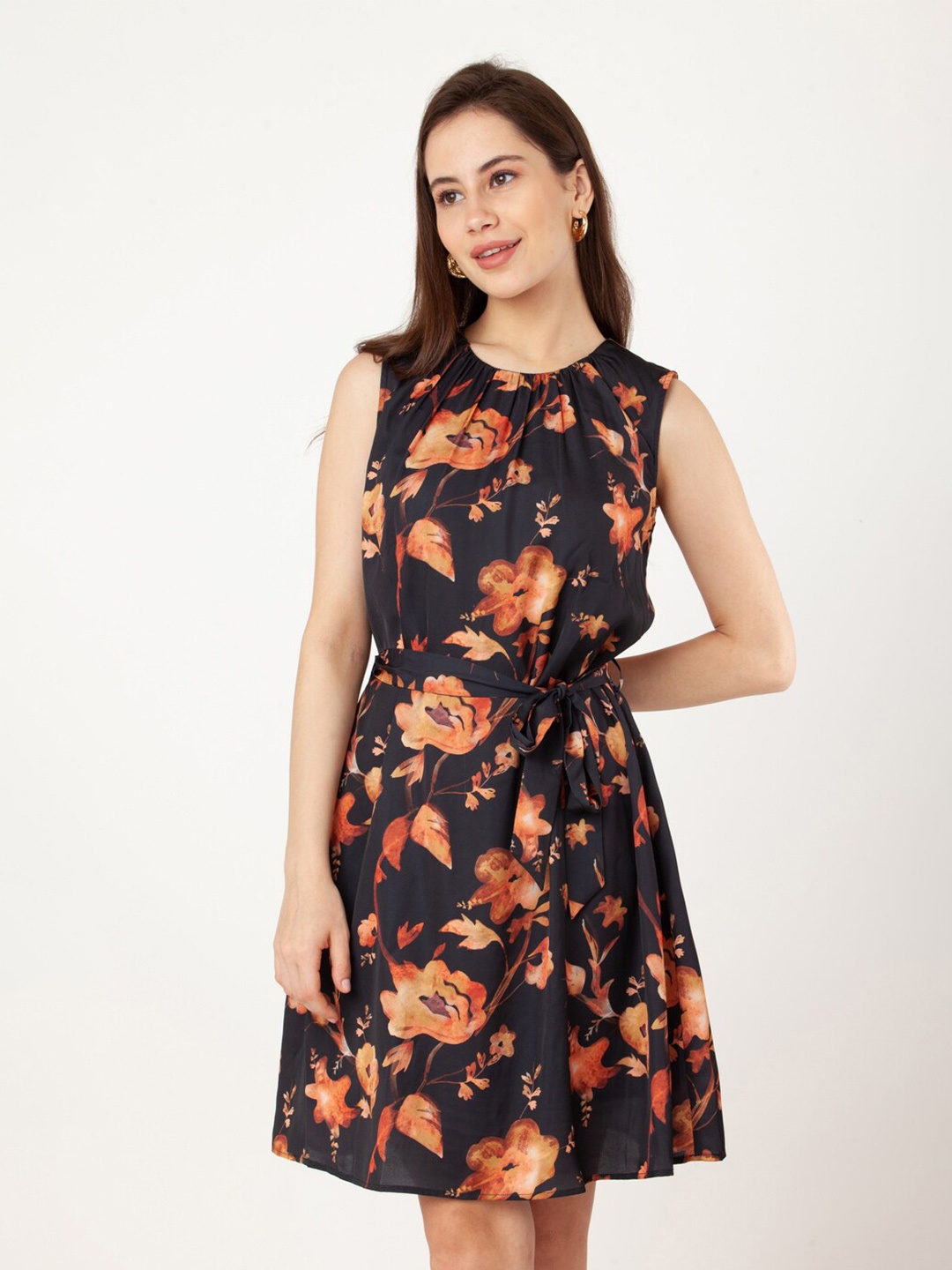 

Zink London Floral Print Fit & Flare Dress, Black