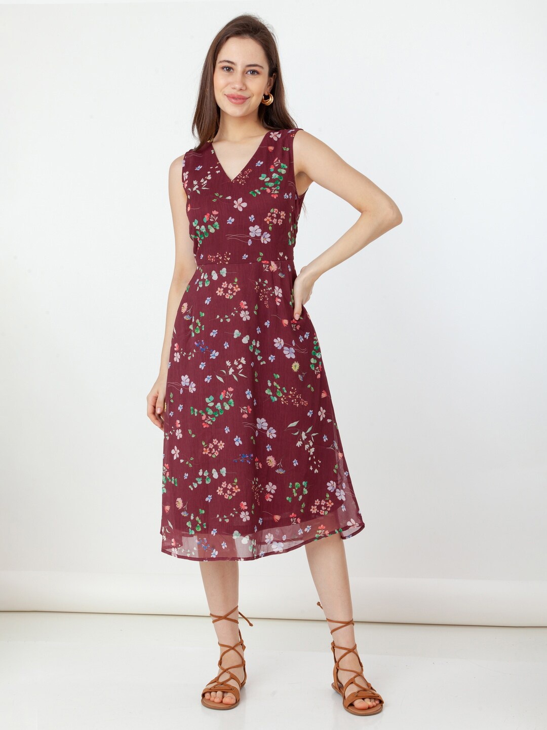 

Zink London Floral Print Fit & Flare Midi Dress, Maroon