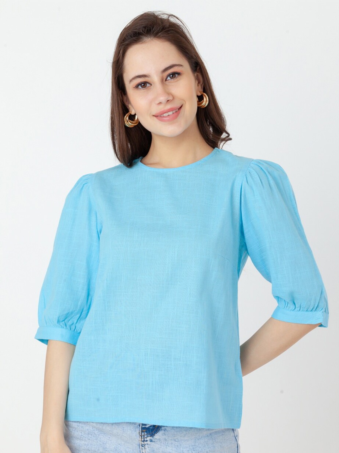 

Zink London Puff Sleeves Pure Cotton Top, Blue