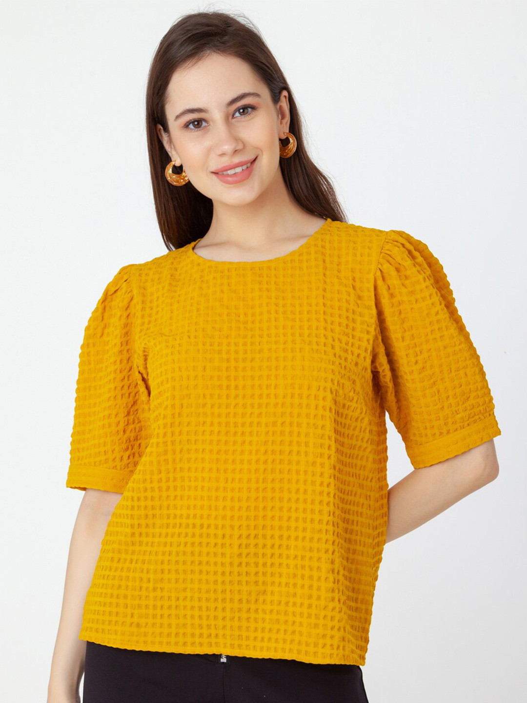 

Zink London Self Design Puffed Sleeves Top, Yellow