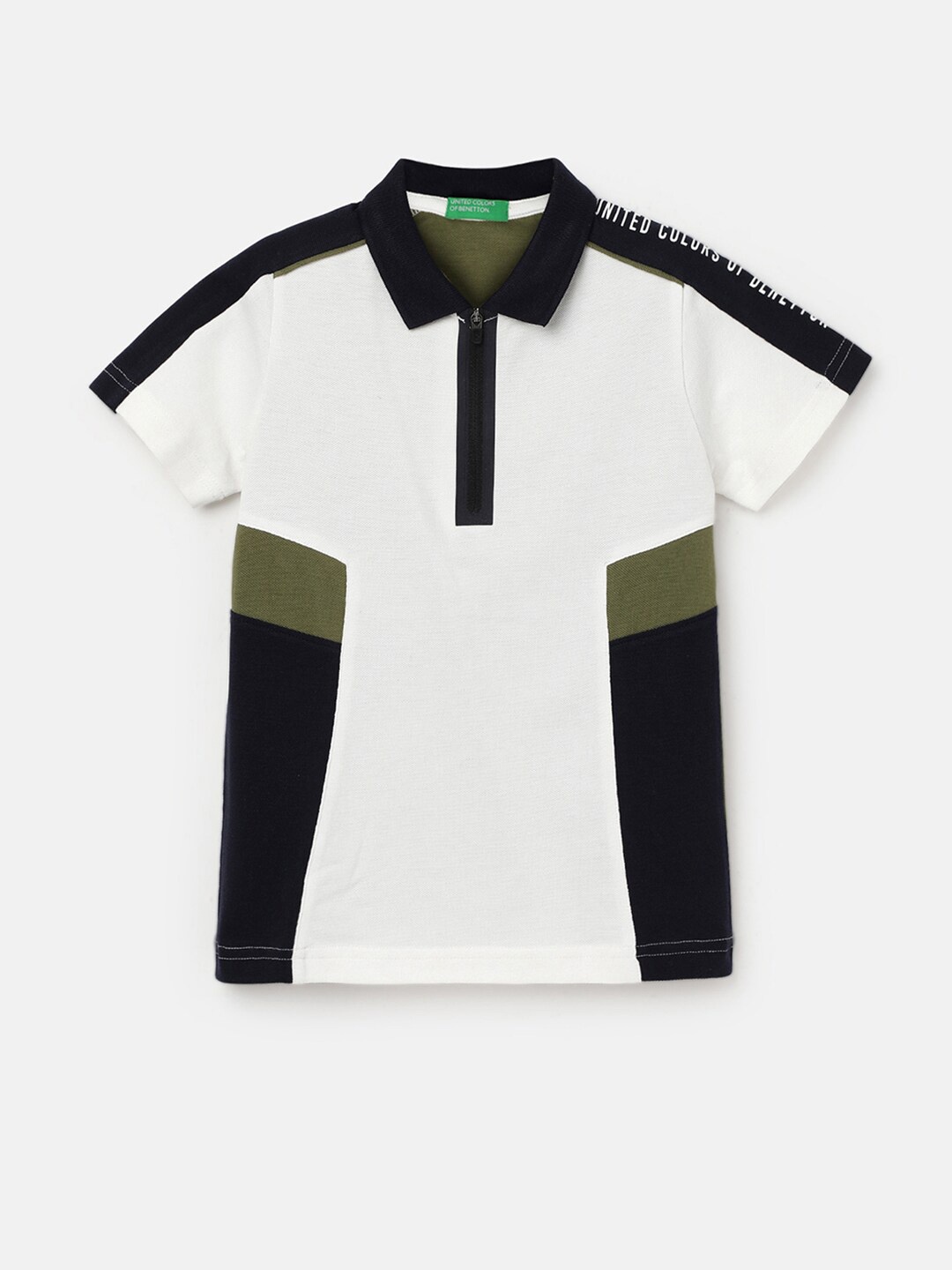 

United Colors of Benetton Boys Colourblocked Polo Collar Pure Cotton T-shirt, White