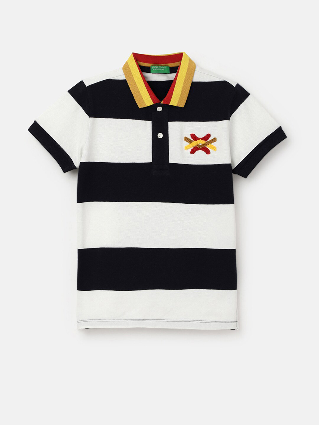

United Colors of Benetton Boys Striped Polo Collar Pure Cotton T-shirt, Black