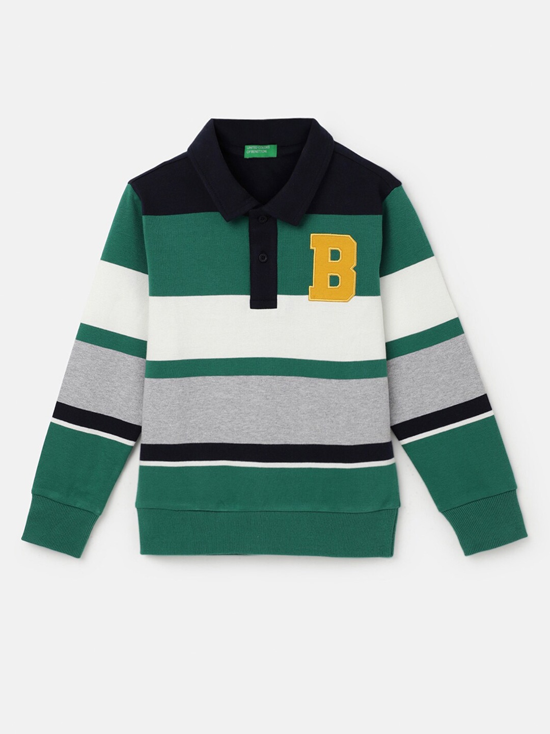 

United Colors of Benetton Boys Striped Polo Collar Pure Cotton T-shirt, Green