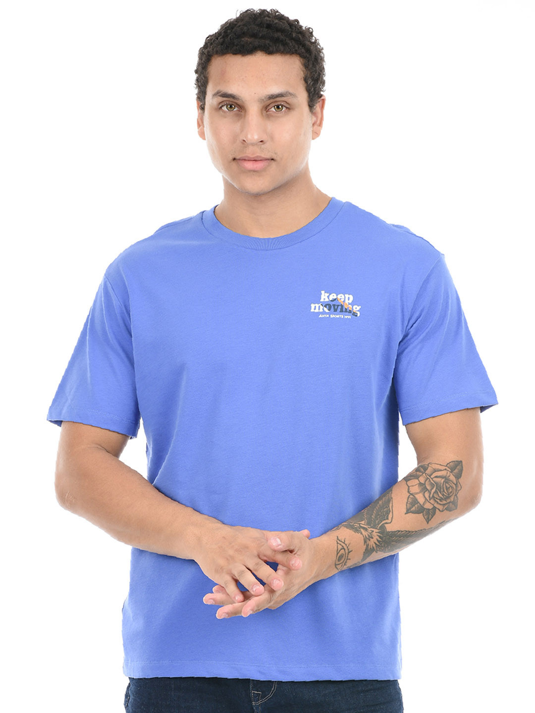 

Anta Graphic Printed Round Neck Relaxed Fit Pure Cotton Tshirt, Blue