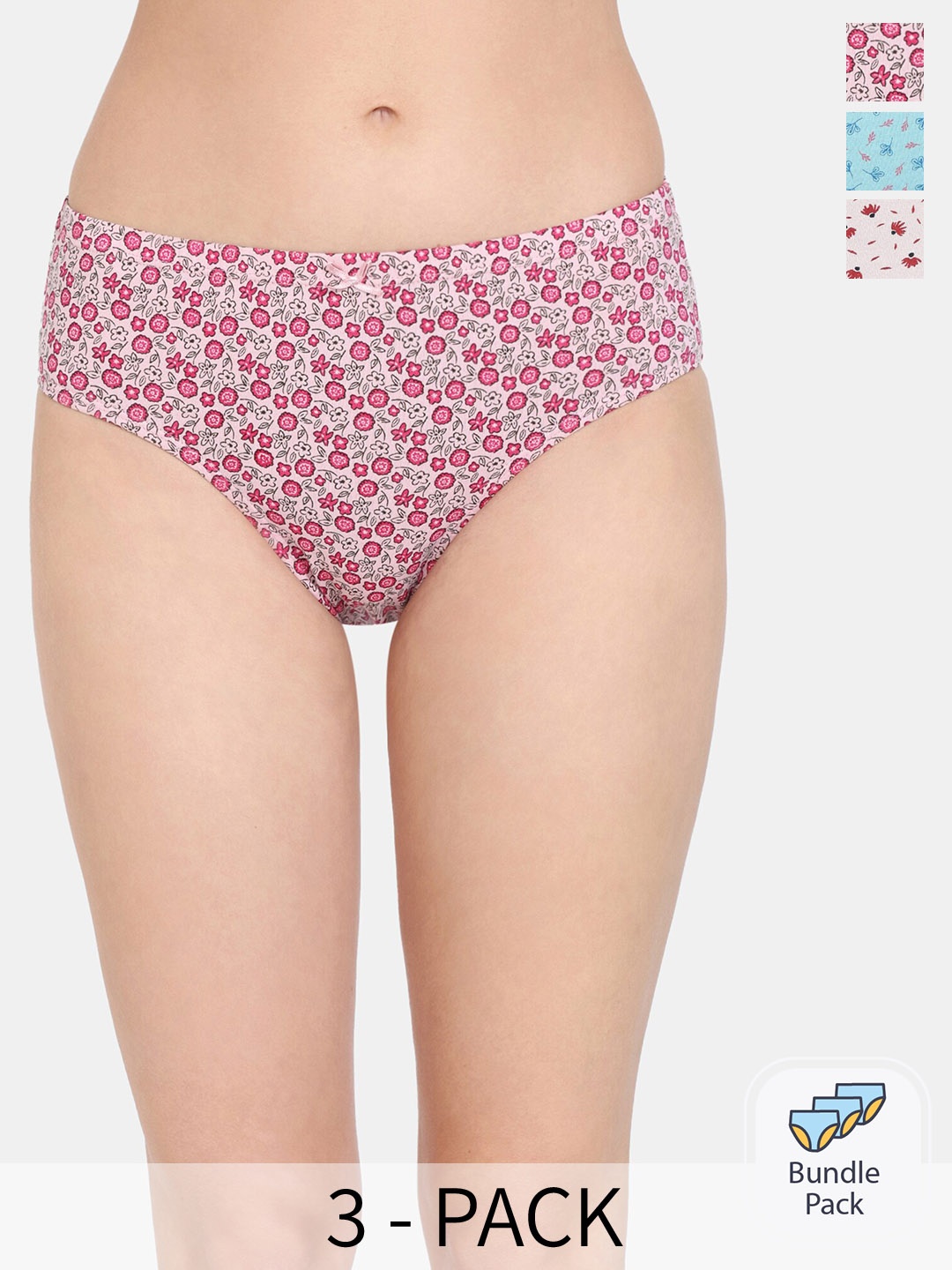 

Rosaline by Zivame Pack Of 3 Printed Pure Cotton Ribbed Hipster Briefs, Pink