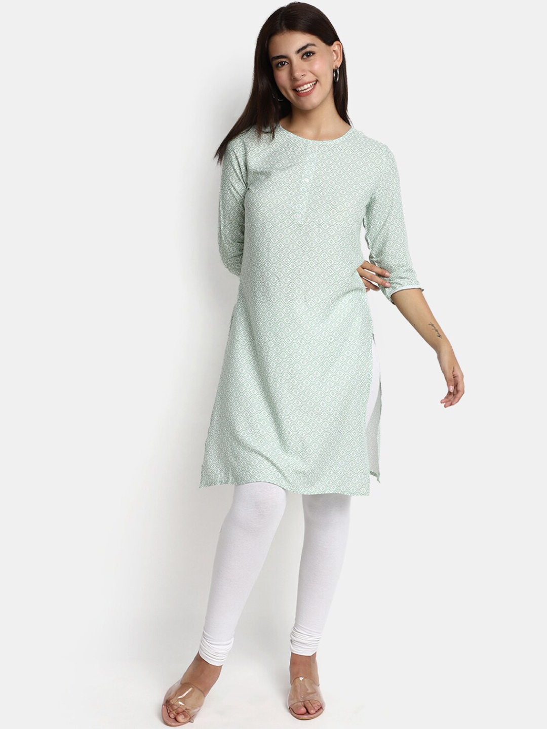 V-Mart Floral Printed Straight Kurta, Sea green