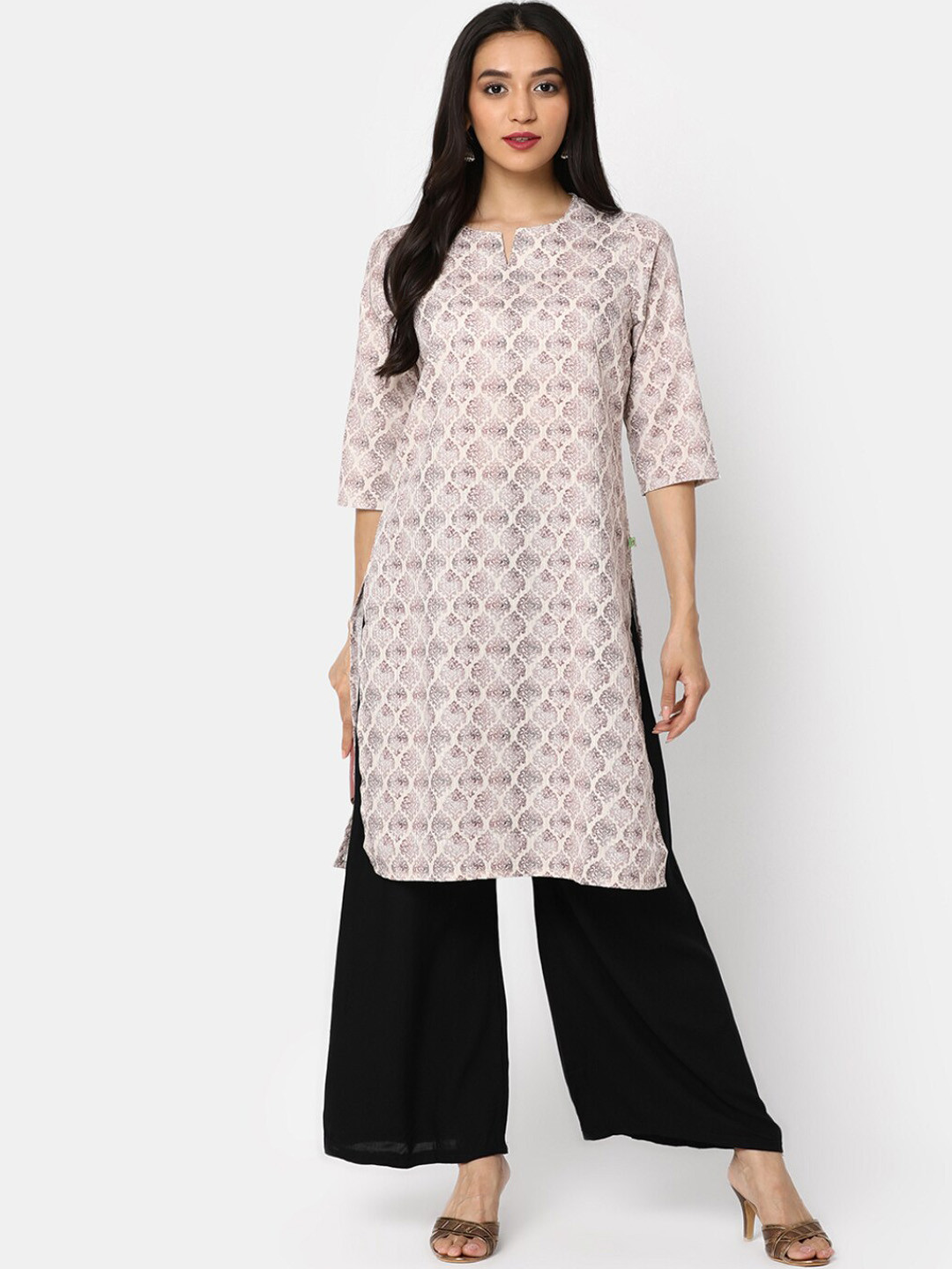 

V-Mart Geometric Printed Cotton Straight Kurta, Beige