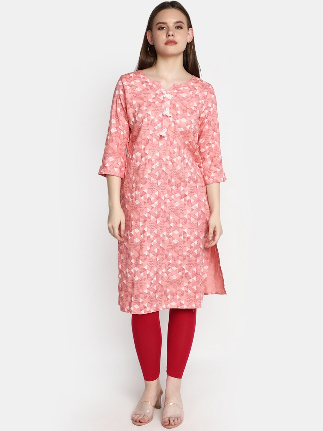 

V-Mart Geometric Printed Round Neck Straight Kurta, Pink