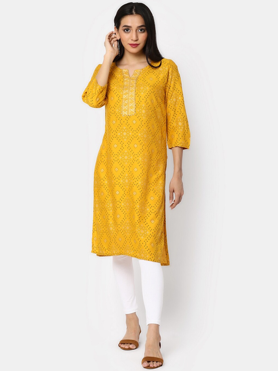 

V-Mart Floral Printed Straight Kurta, Gold