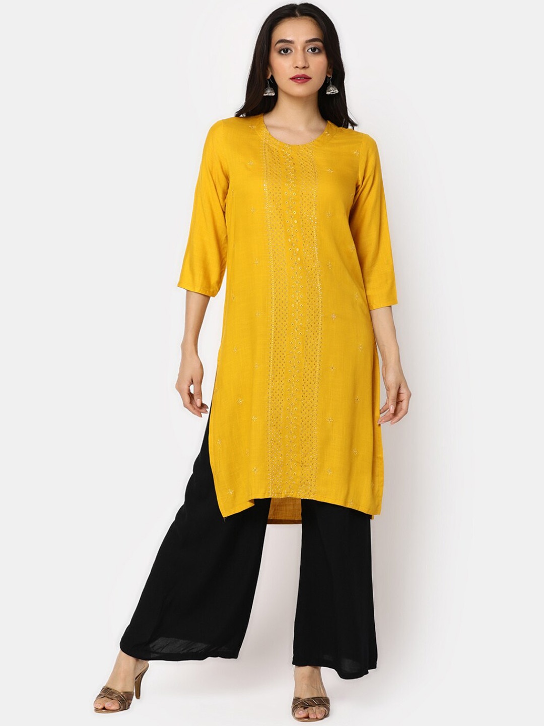 

V-Mart Ethnic Motifs Embroidered Sequinned Kurta, Yellow
