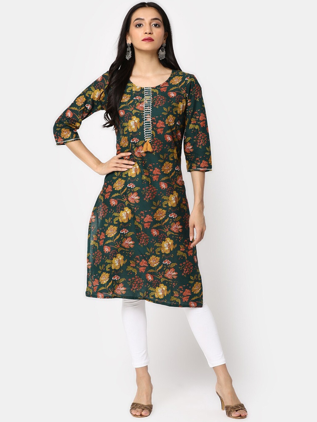 

V-Mart Floral Printed Straight Regular Cotton Kurta, Green