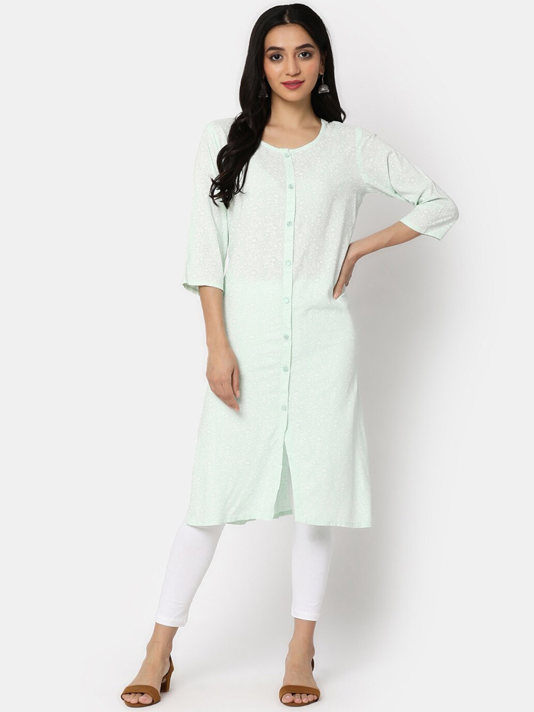 

V-Mart Floral Printed Round Neck Regular Kurta, Green