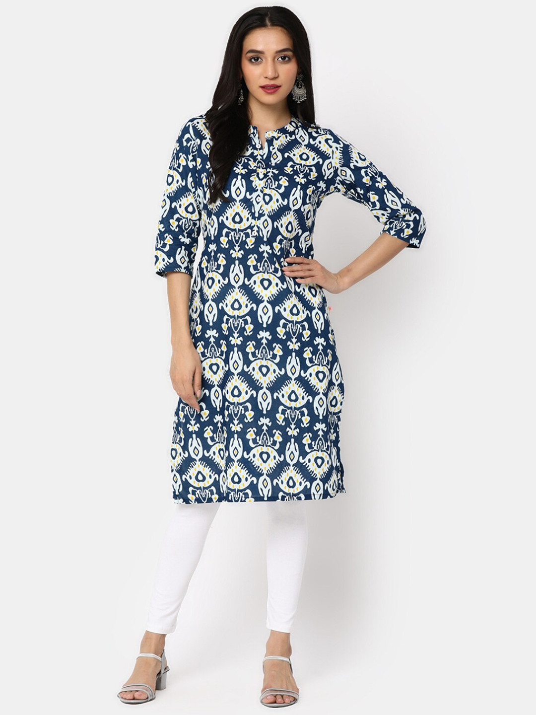 

V-Mart Ethnic Motifs Printed Mandarin Collar Straight Cotton Kurta, Blue