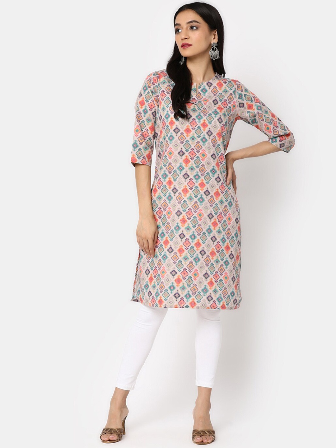 V-Mart Geometric Printed Straight Pure Cotton Kurta, Beige