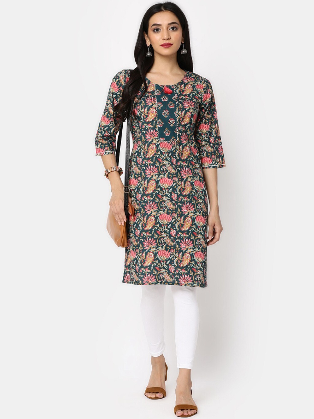 

V-Mart Floral Printed Cotton Straight Kurta, Green