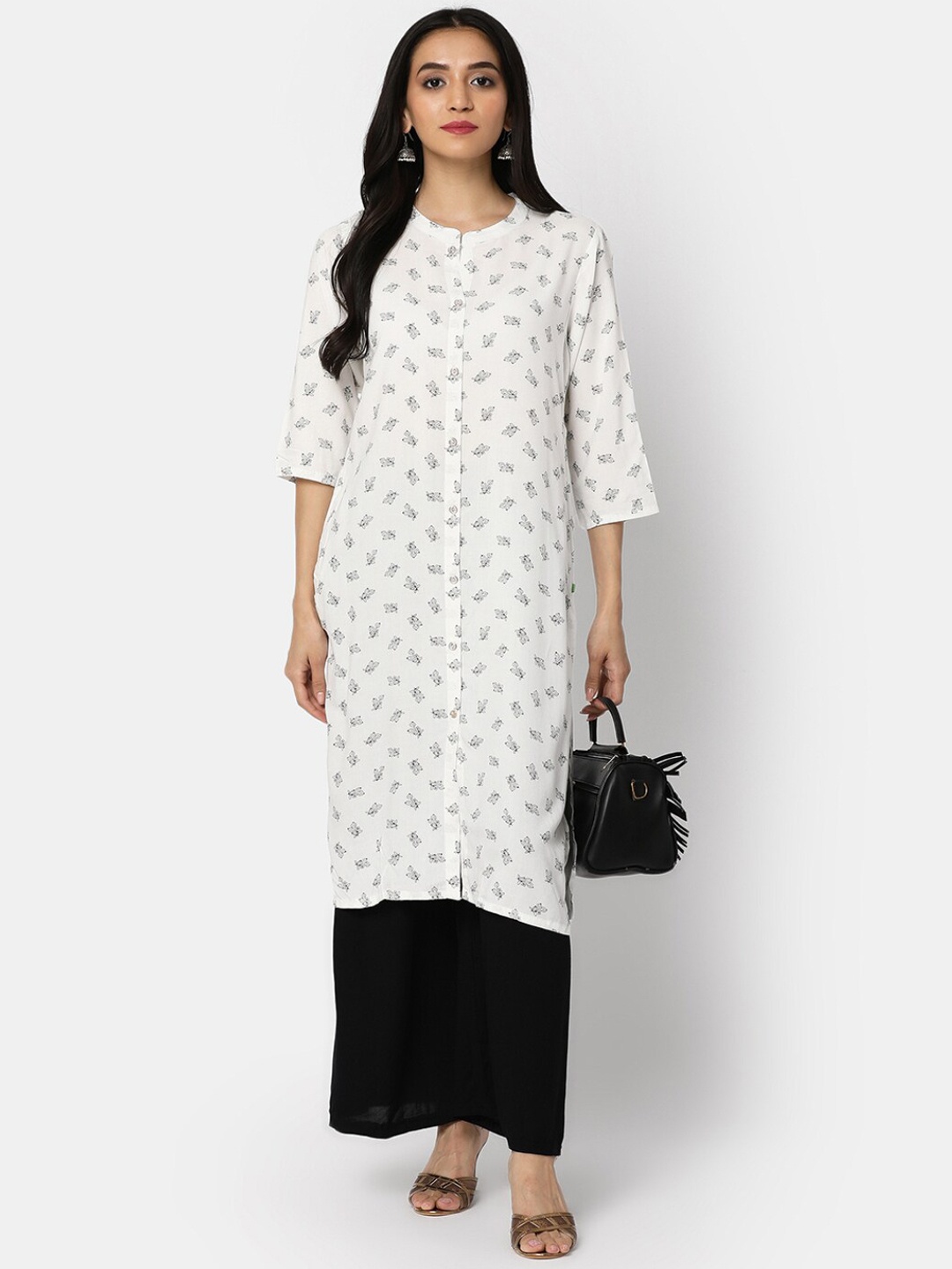 

V-Mart Ethnic Motifs Printed Band Collar Straight Kurta, White