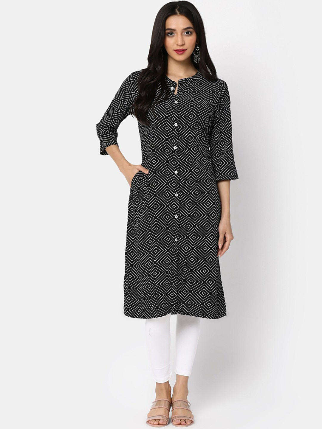 

V-Mart Geometric Printed Band Collar Straight Kurta, Black