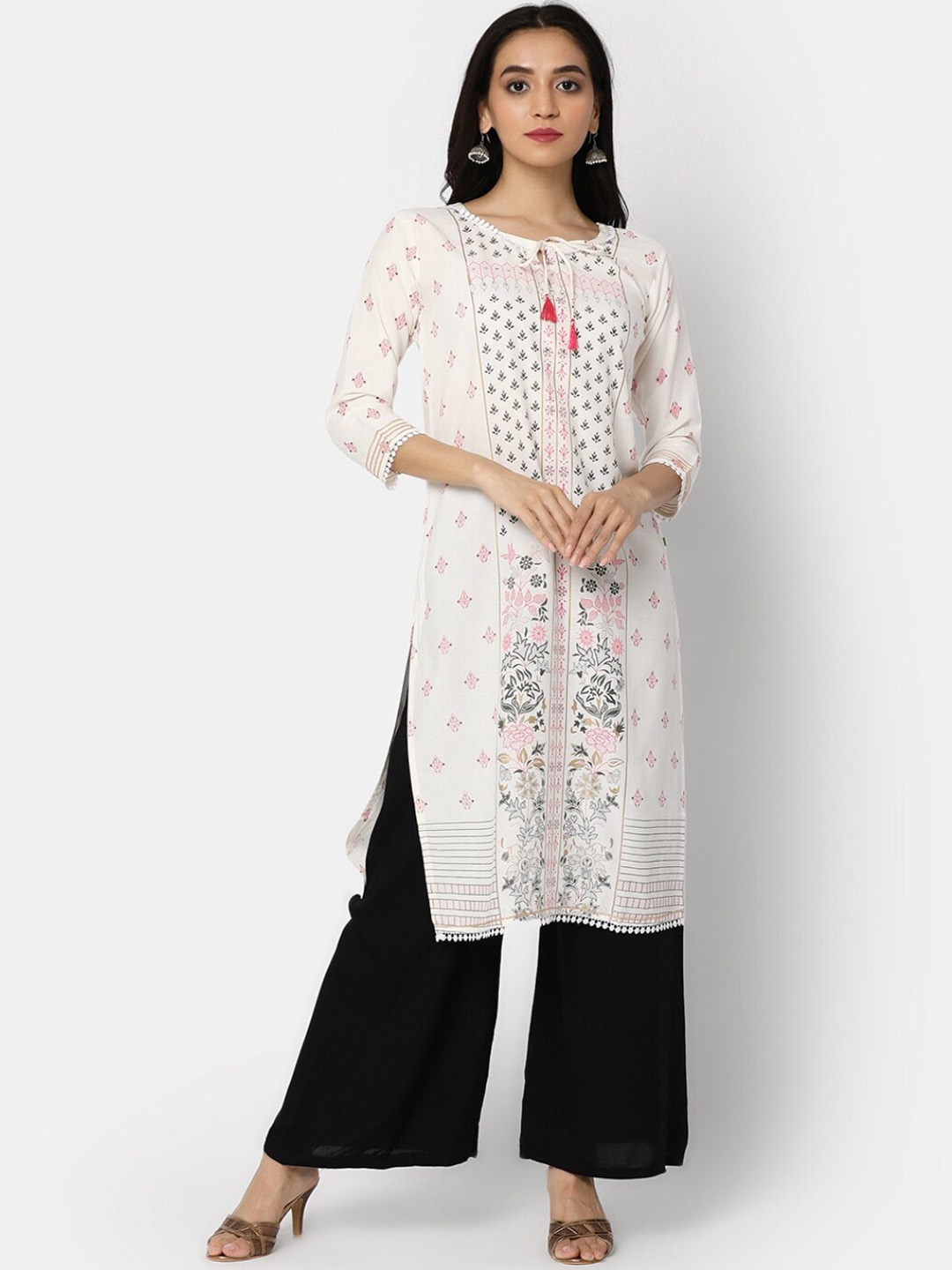 

V-Mart Floral Printed Tie Up Neck Straight Kurta, Off white