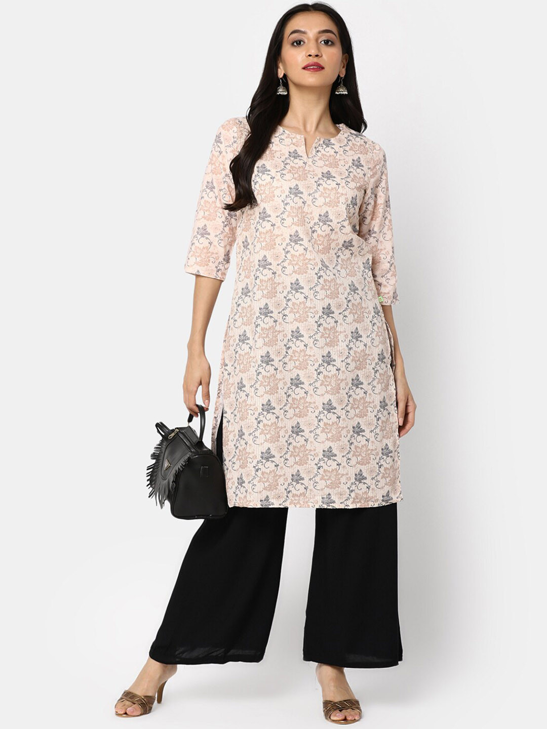 

V-Mart Ethnic Motifs Printed Notched Neck Straight Kurta, Beige
