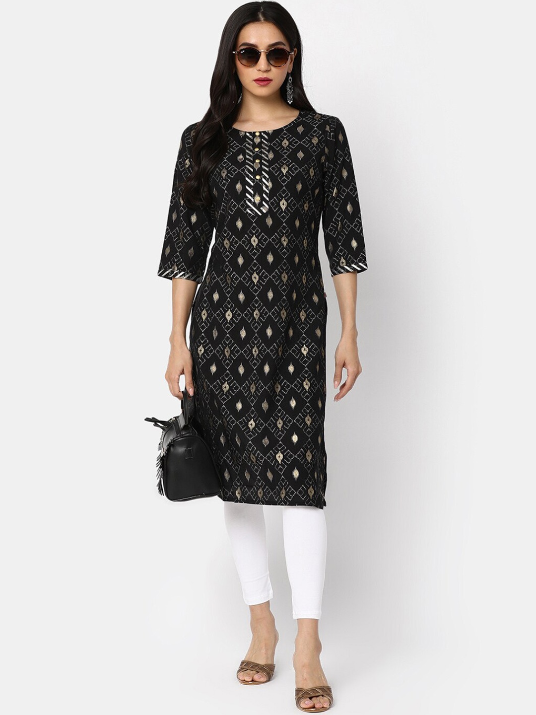 

V-Mart Geometric Printed Straight Pure Cotton Kurta, Black