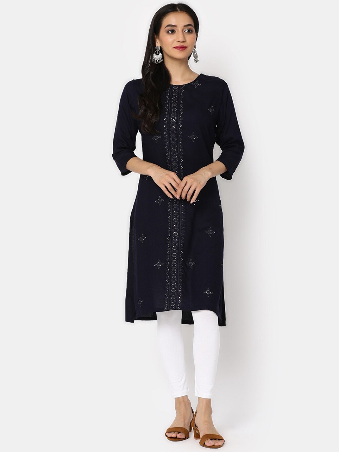 

V-Mart Floral Embroidered Sequinned Straight Kurta, Navy blue