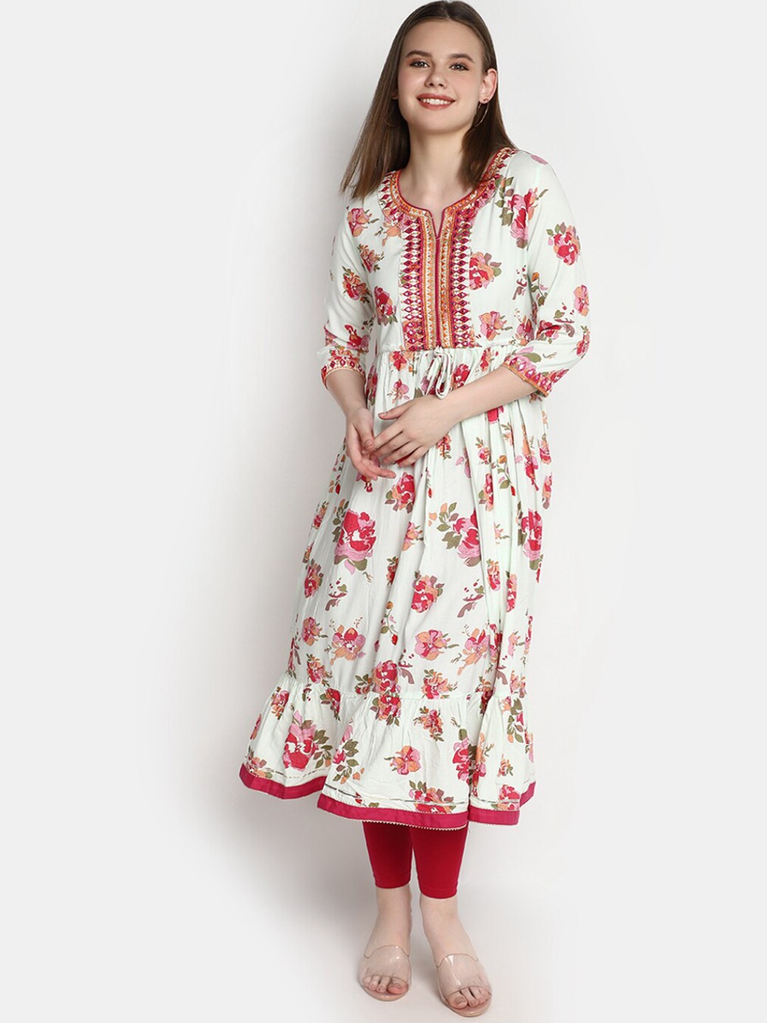 

V-Mart Floral Printed Thread Work Anarkali Kurta, Off white