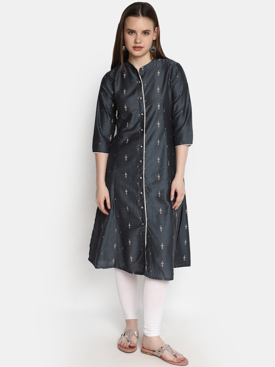 

V-Mart Geometric Embroidered A-Line Kurta, Grey