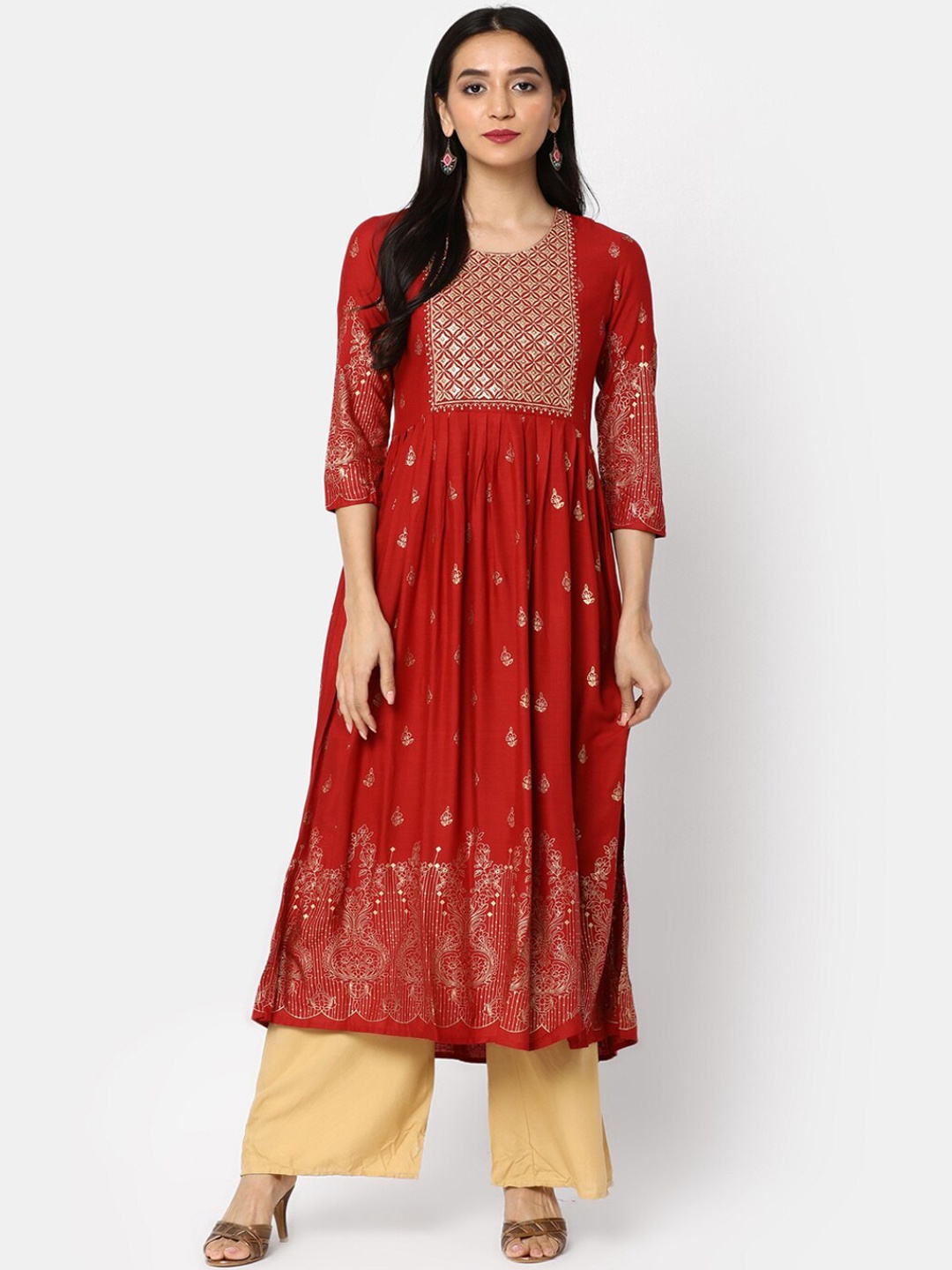 

V-Mart Ethnic Motifs Printed Pleated A-Line Kurta, Maroon