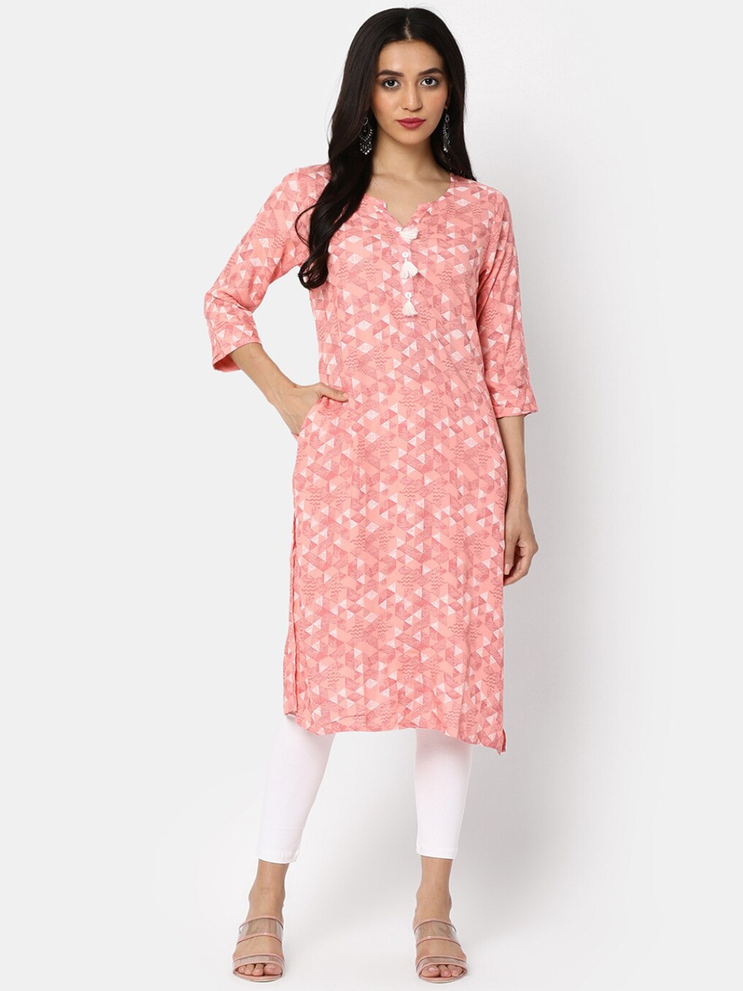 V-Mart Floral Printed V-Neck Straight Kurta, Pink