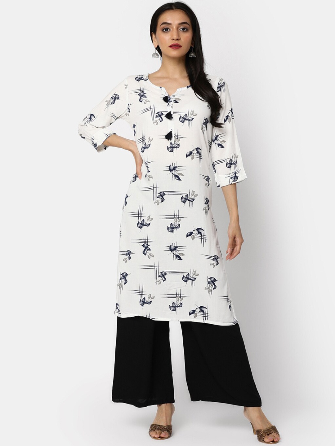 

V-Mart Floral Printed Round Neck Straight Regular Kurta, White
