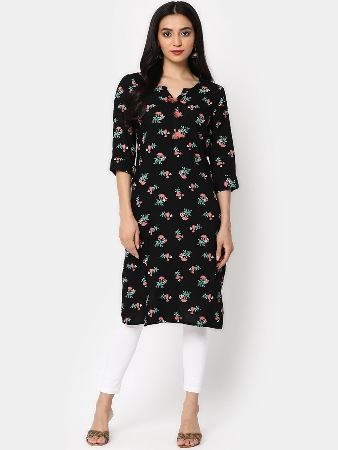 

V-Mart Floral Printed Straight Kurta, Black