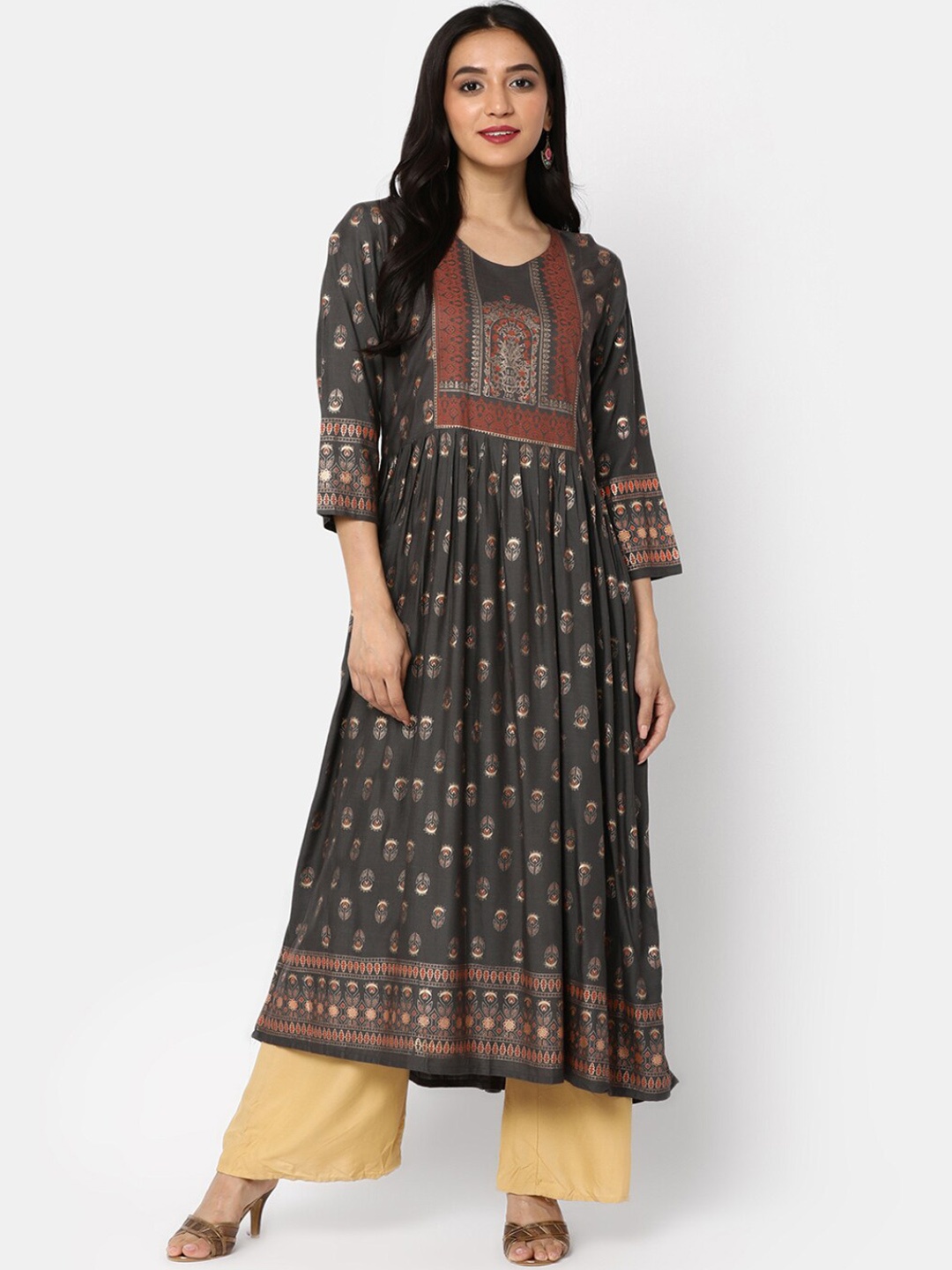 V-Mart Ethnic Motifs Printed Anarkali Kurta, Grey