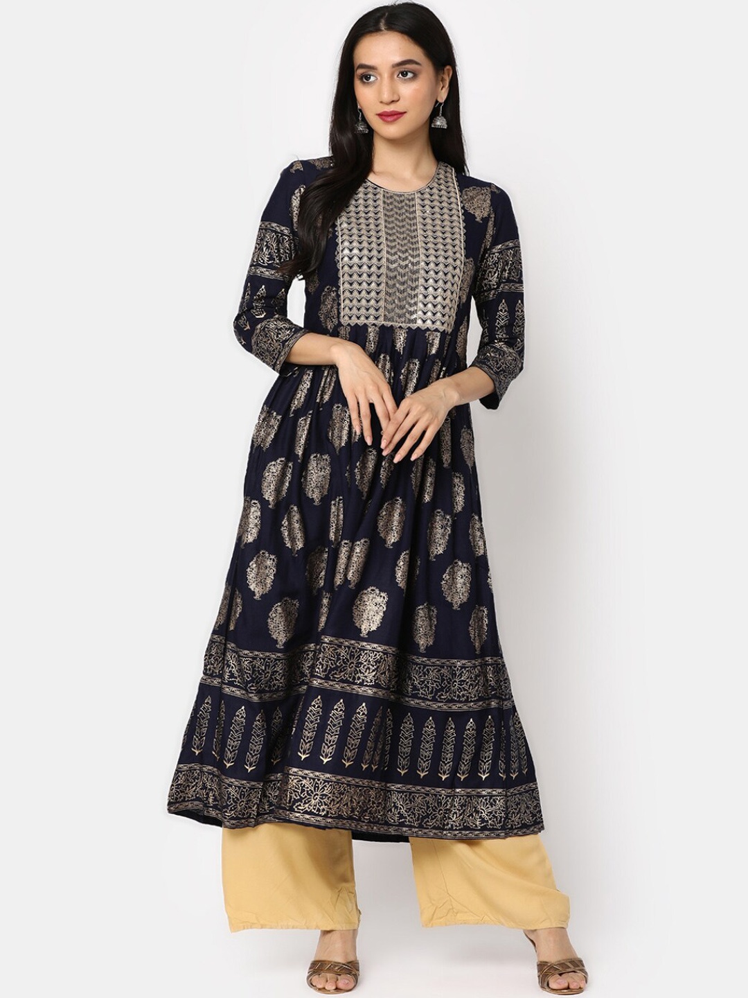 

V-Mart Ethnic Motifs Printed A-Line Flared Kurta, Navy blue