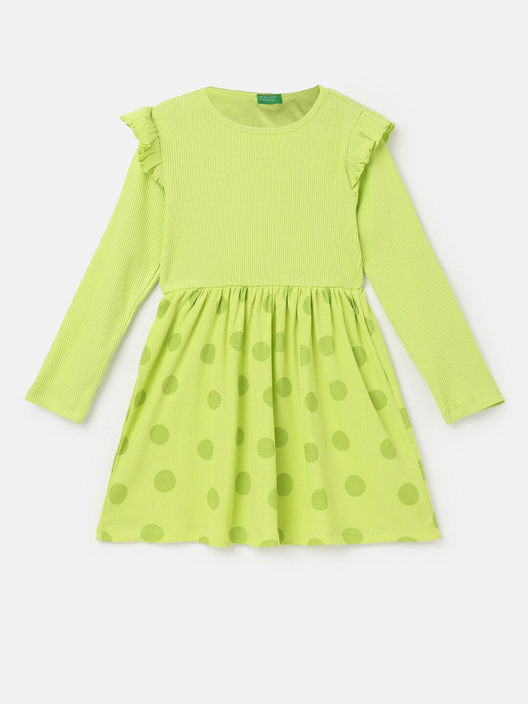 

United Colors of Benetton Polka Dot Printed Pure Cotton Fit & Flare Dress, Green