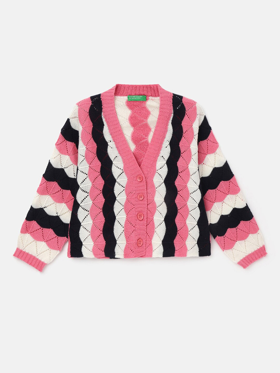 

United Colors of Benetton Girls Self Design Open Knit Cardigan, Pink
