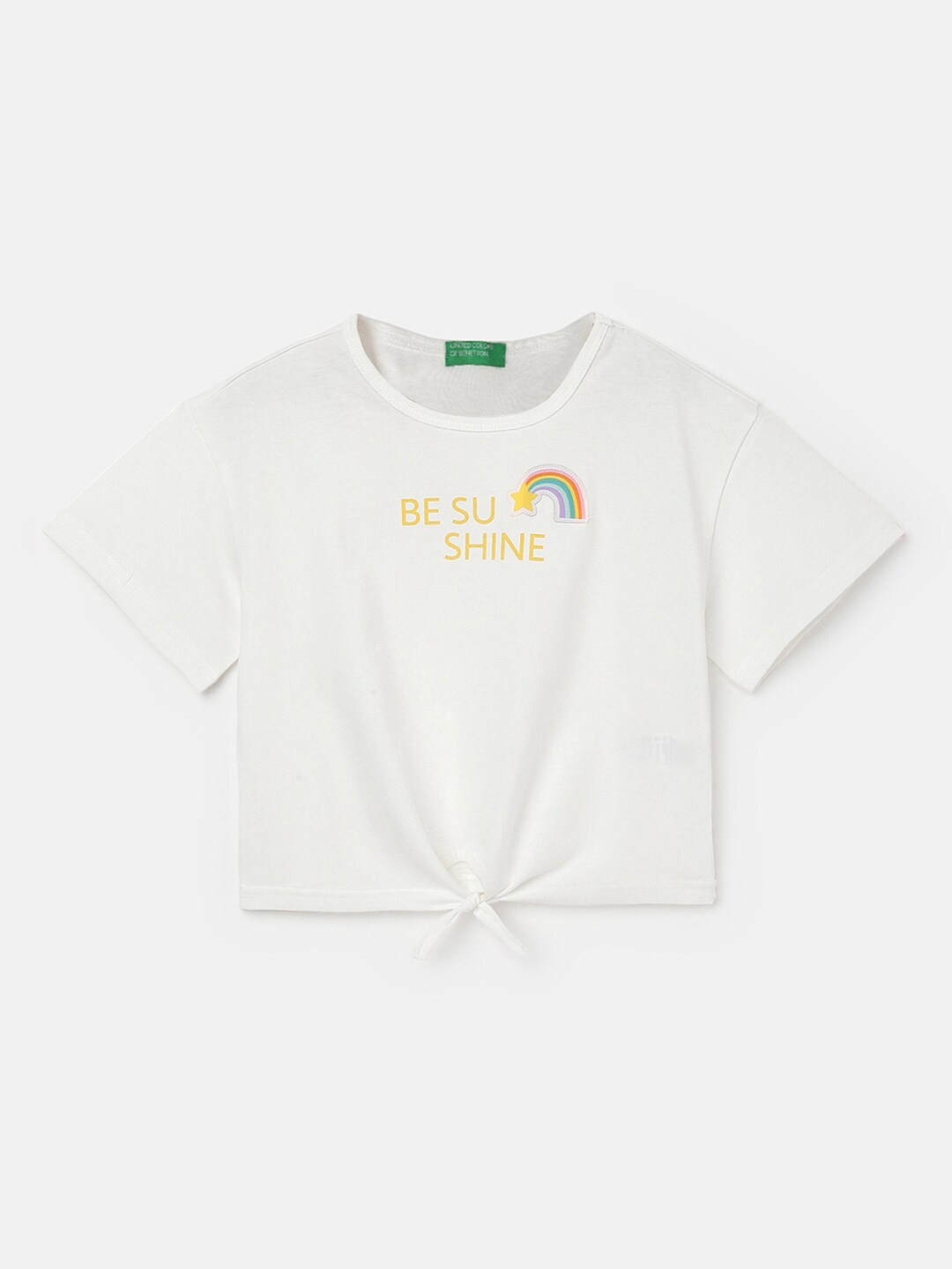 

United Colors of Benetton Typography Printed Knotted Pure Cotton Top, White