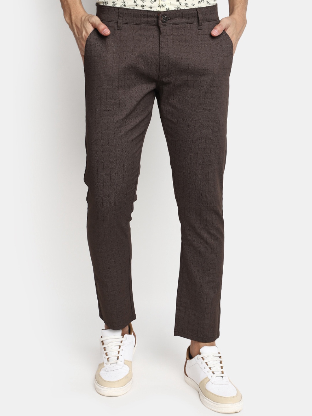 

V-Mart Men Checked Mid-Rise Plain Cotton Regular Trousers, Brown
