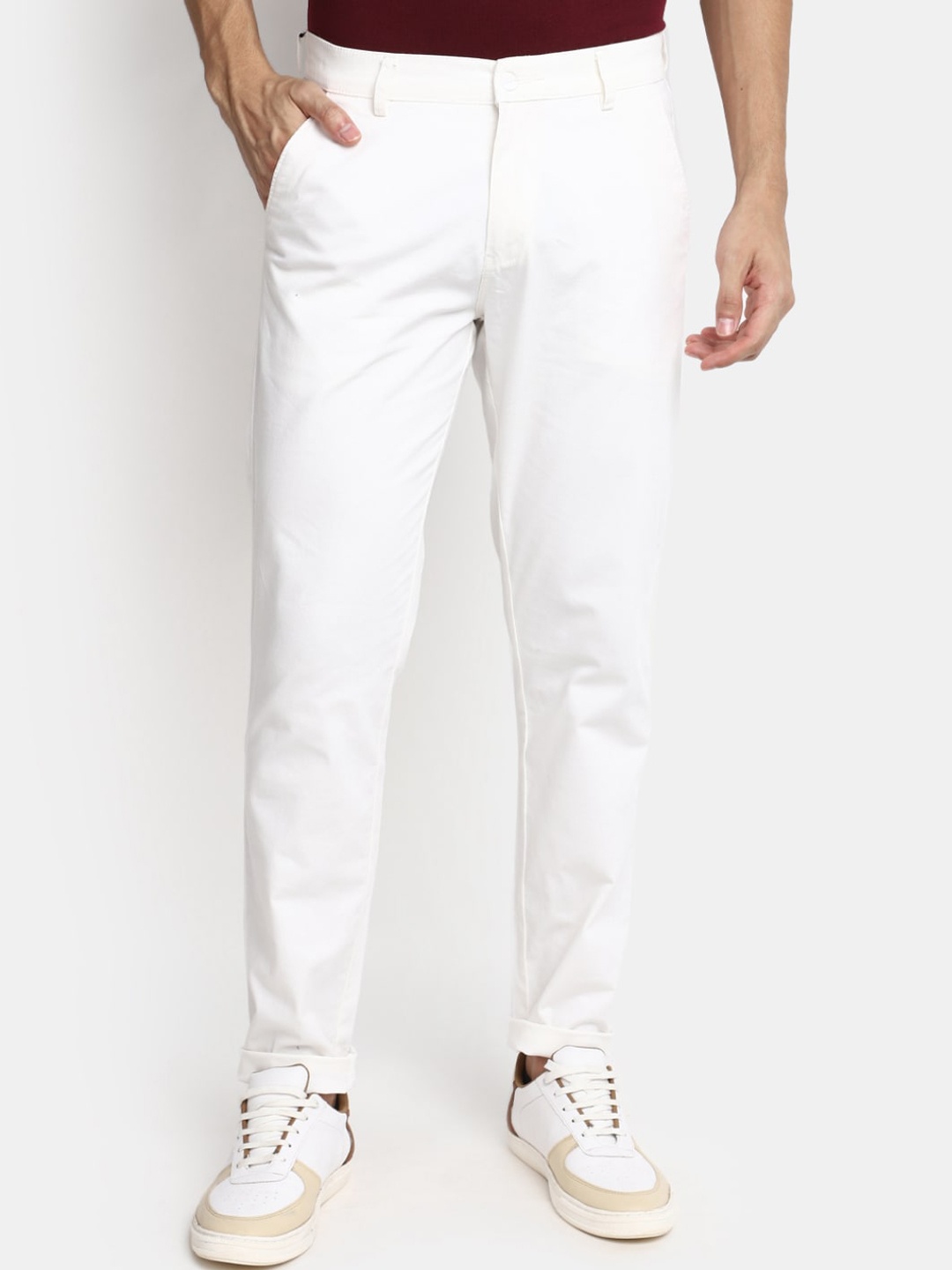 

V-Mart Men Slim Fit Plain Cotton Regular Trousers, Off white