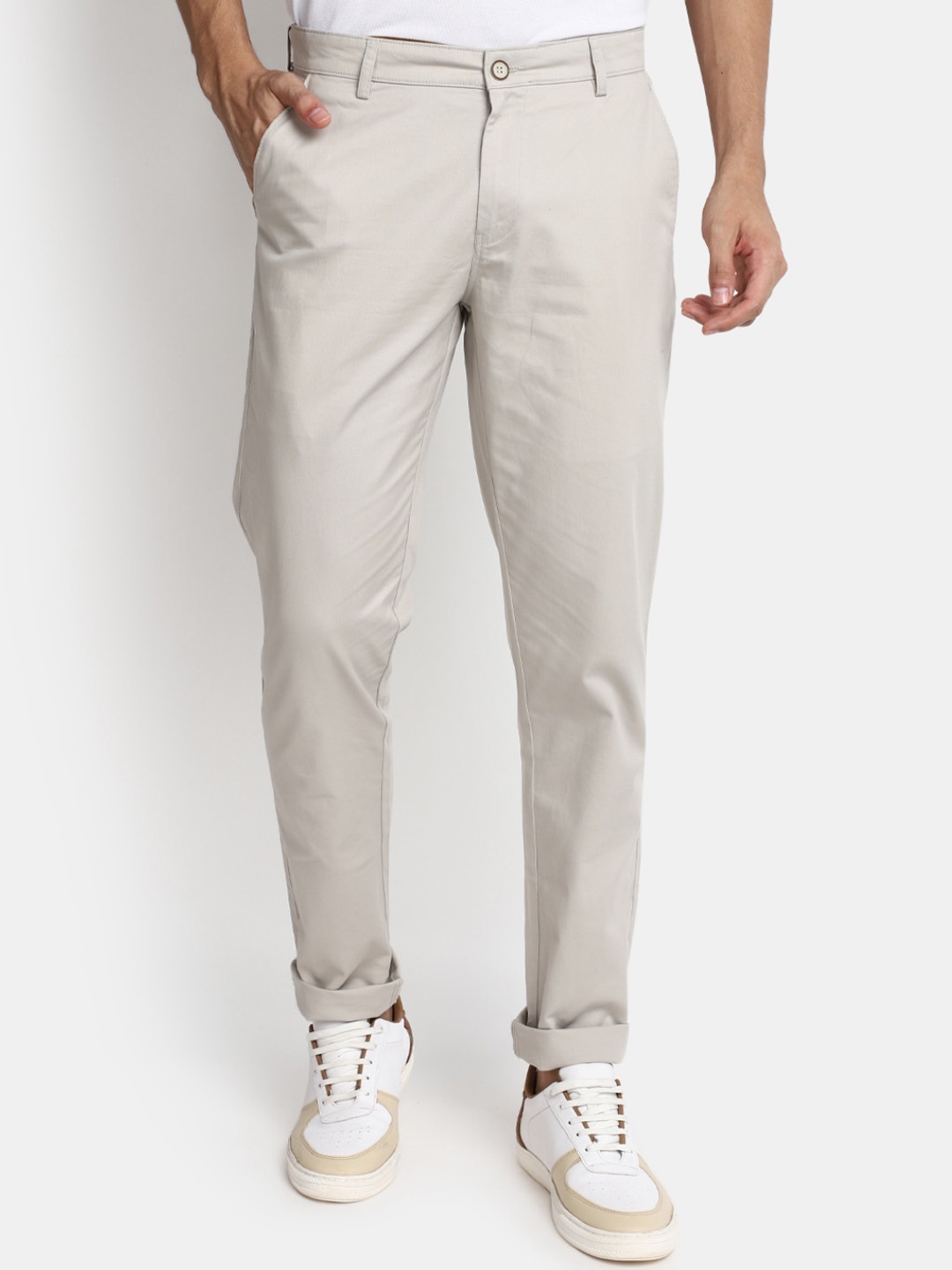 V-Mart Men Grey Slim Fit Cotton Chinos, Off white