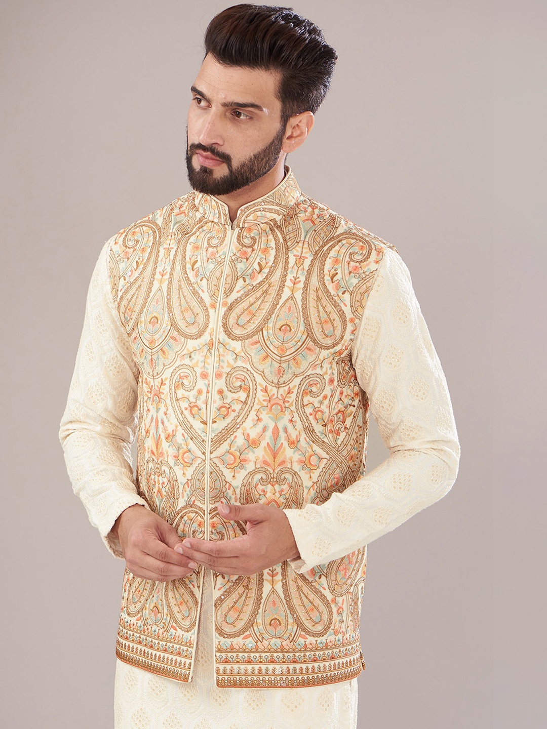 

KASBAH CLOTHING NISHCHAIY SAJDEH Ethnic Motifs Embroidered Sequined Nehru Jacket, Off white