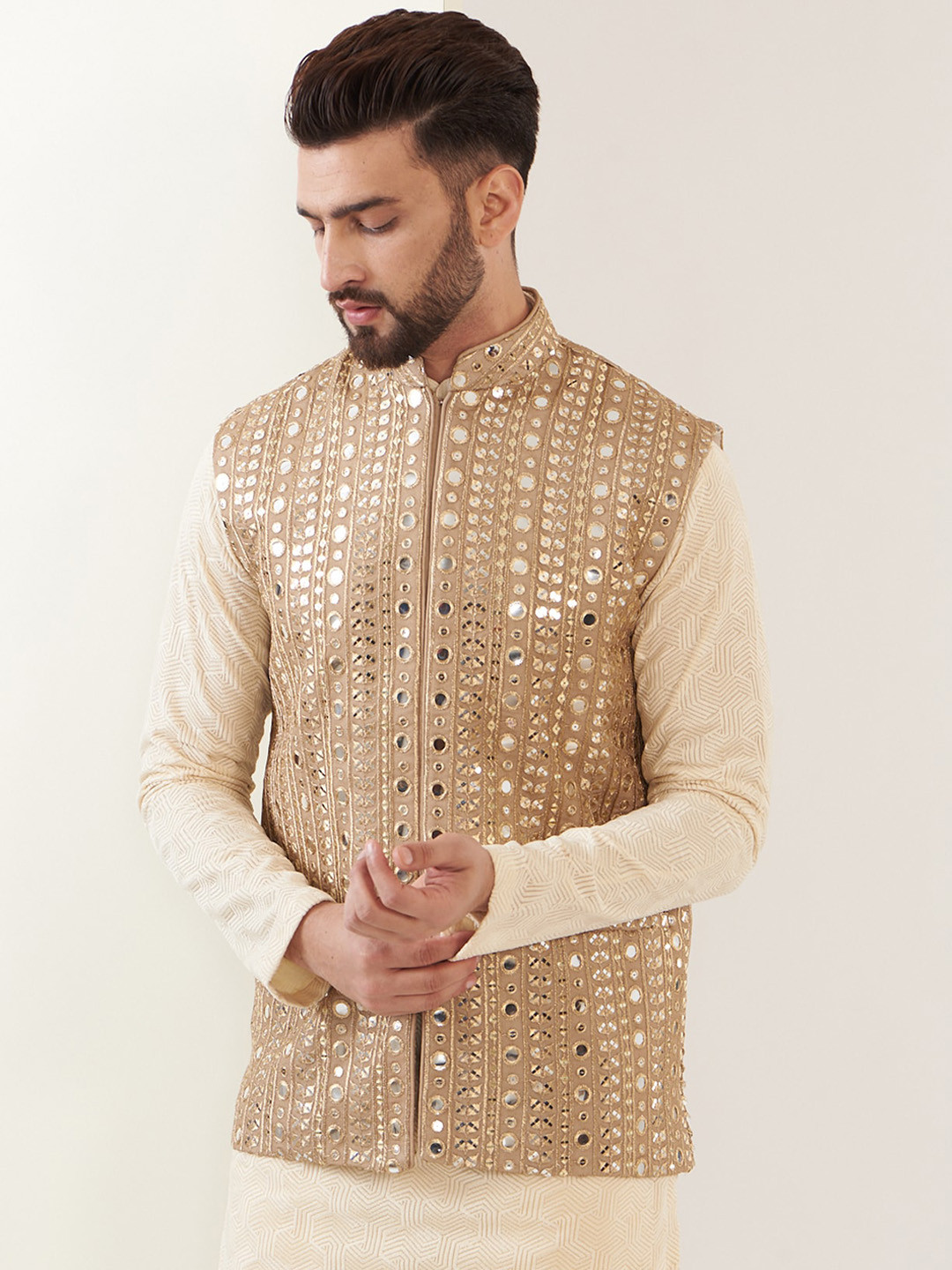 

KASBAH CLOTHING NISHCHAIY SAJDEH Floral Embroidered Mirror Work Nehru Jacket, Gold