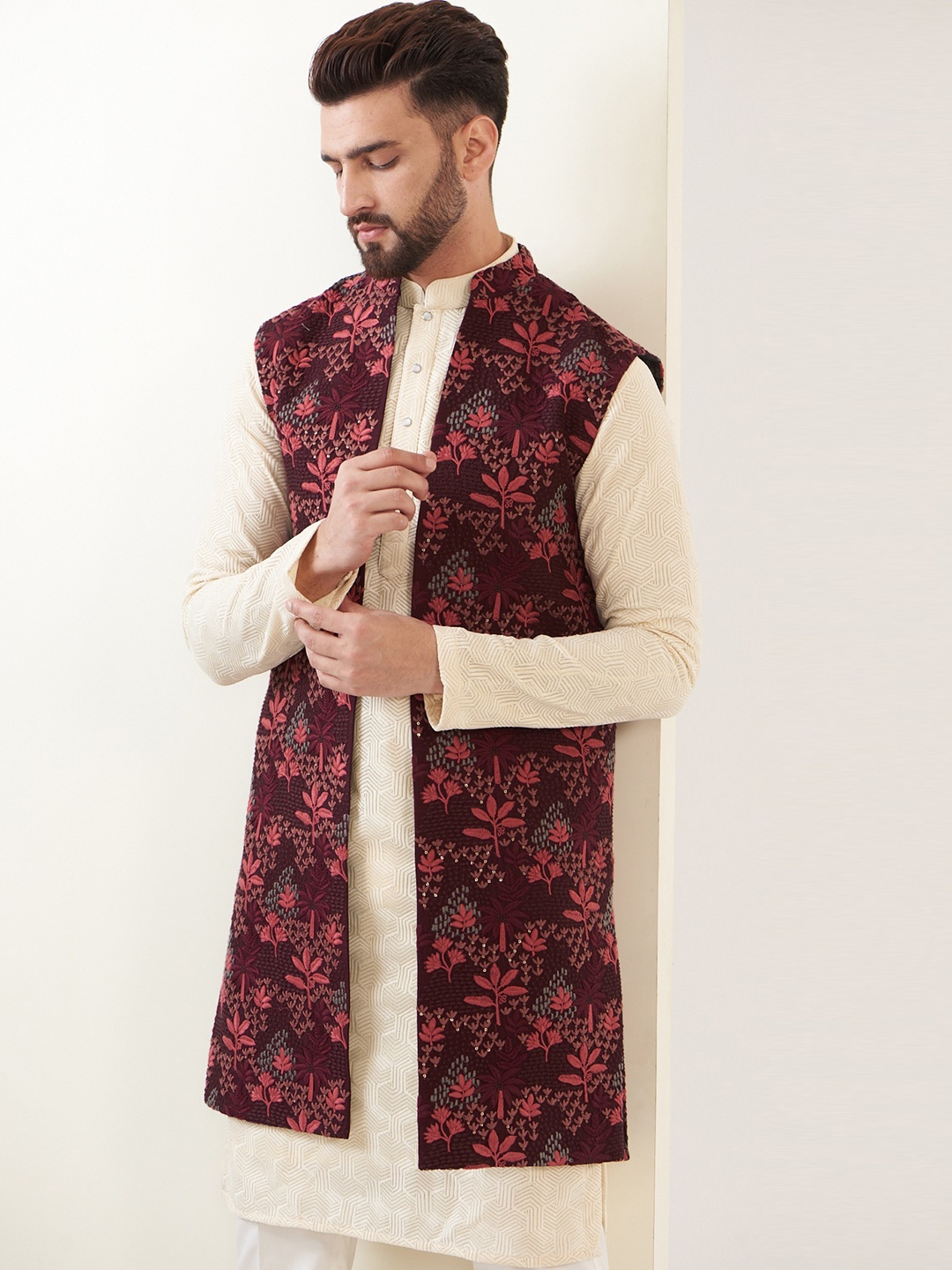 

KASBAH CLOTHING NISHCHAIY SAJDEH Floral Embroidered Sequined Nehru Jacket, Maroon