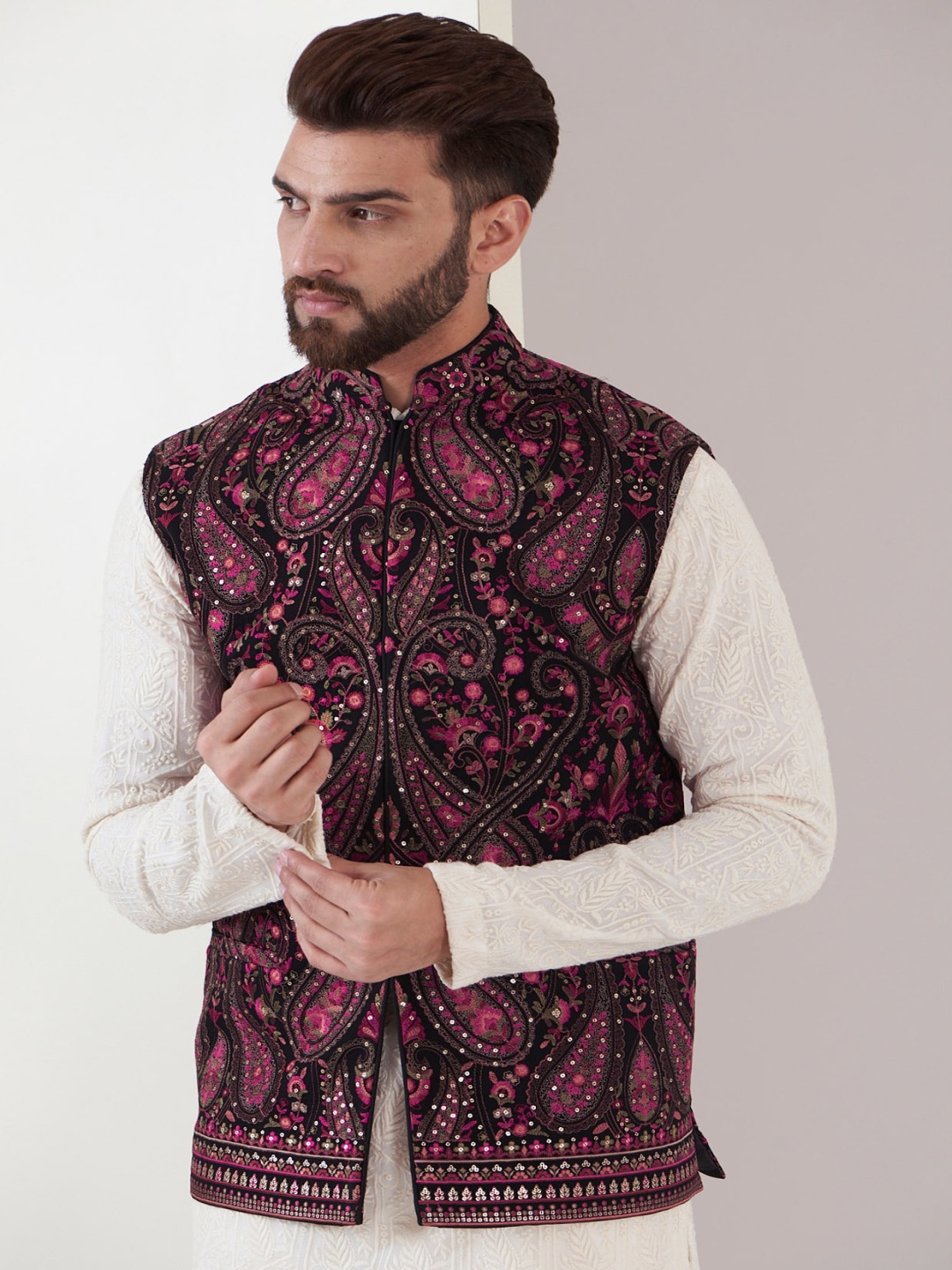 

KASBAH CLOTHING NISHCHAIY SAJDEH Floral Embroidered Sequined Nehru Jacket, Magenta