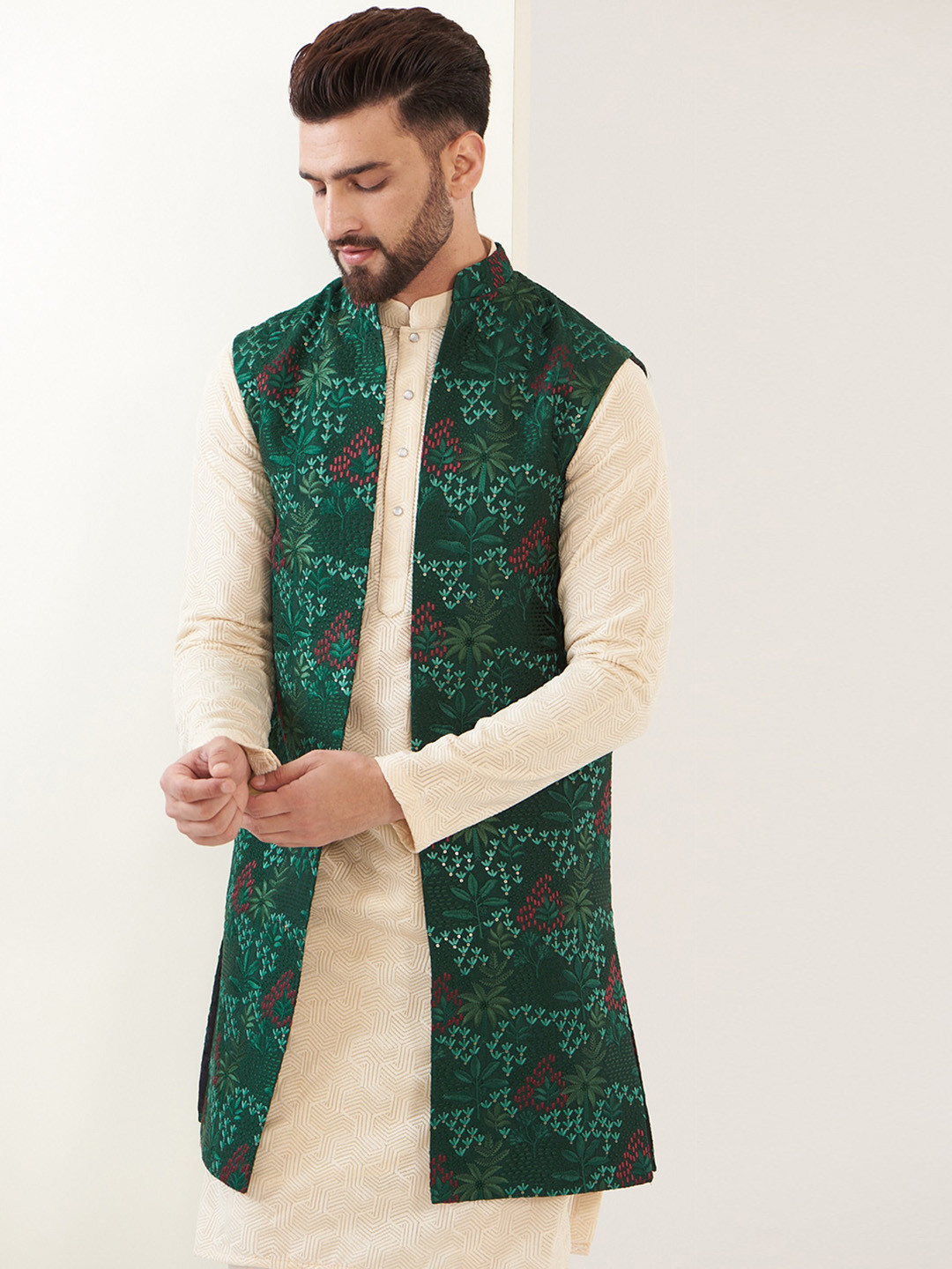 

KASBAH CLOTHING NISHCHAIY SAJDEH Floral Embroidered Mandarin Collar Nehru Jacket, Green