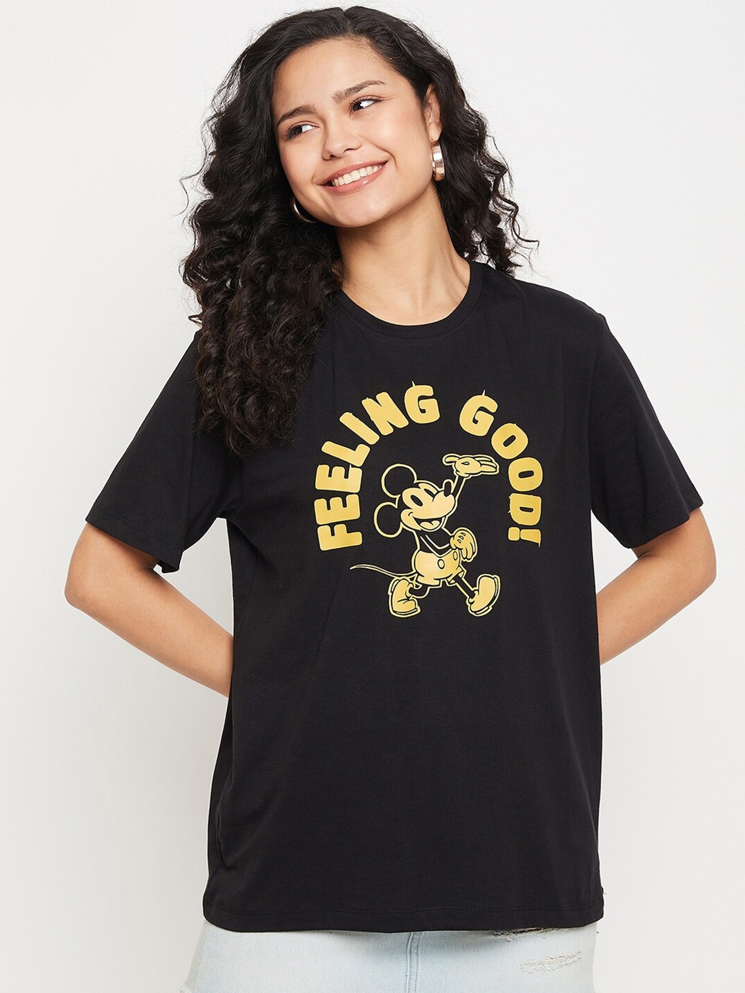 Wear Your Mind Mickey Mouse Printed Pure Cotton Oversized T-shirt, Black