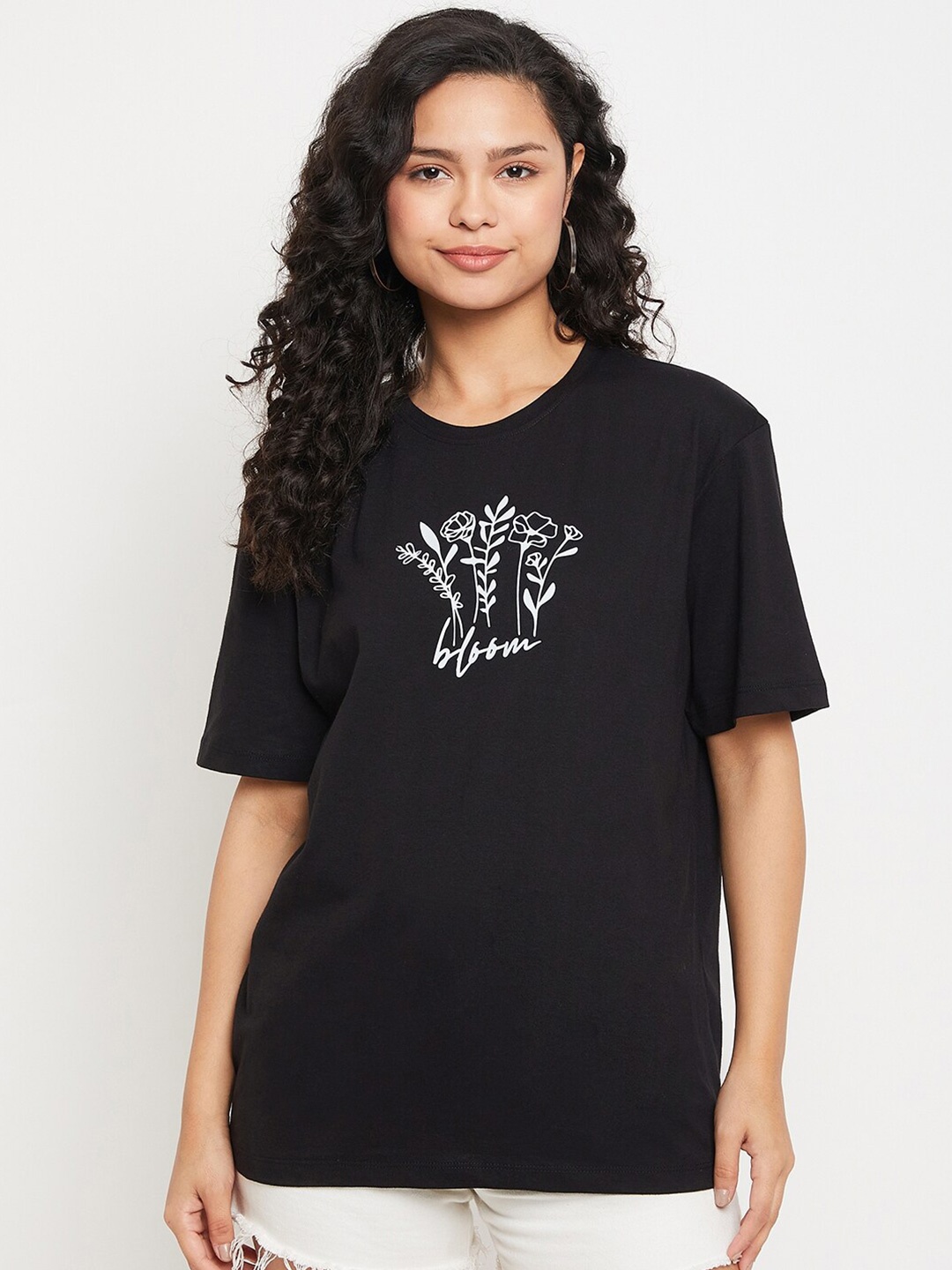 

Wear Your Mind Floral Printed Oversized Pure Cotton T-shirt, Black